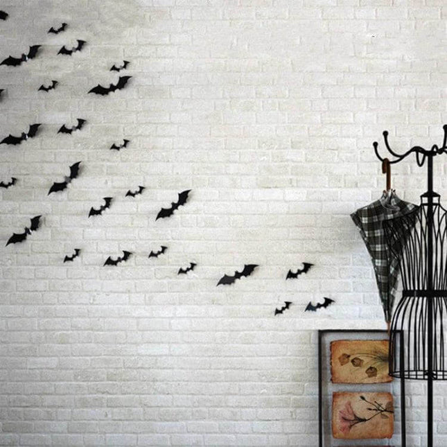 Halloween Bat Wall Stickers 3D PVC Set for Bedroom Decor – black 3D PVC bats arranged on white brick wall for spooky bedroom décor
