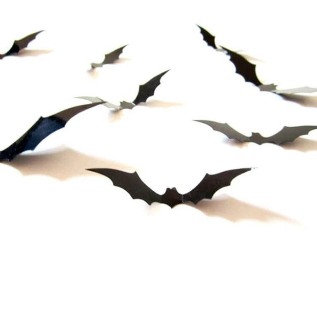 Halloween Bat Wall Stickers 3D PVC Set for Bedroom Decor - black 3D PVC bats arranged on white wall for spooky bedroom decor