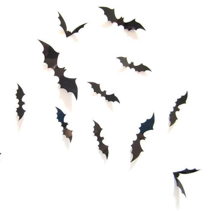 Halloween Bat Wall Stickers 3D PVC Set for Bedroom Decor - black 3D PVC bats arranged on white wall for spooky bedroom Halloween display
