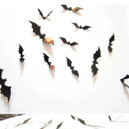Halloween Bat Wall Stickers 3D PVC Set for Bedroom Decor - black 3D PVC bats arranged on white wall for spooky bedroom decor