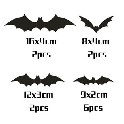 Halloween Bat Wall Stickers 3D PVC Set for Bedroom Decor - black PVC 3D bats in four sizes (16x4, 12x3, 9x2, 8x4 cm) for spooky bedroom display