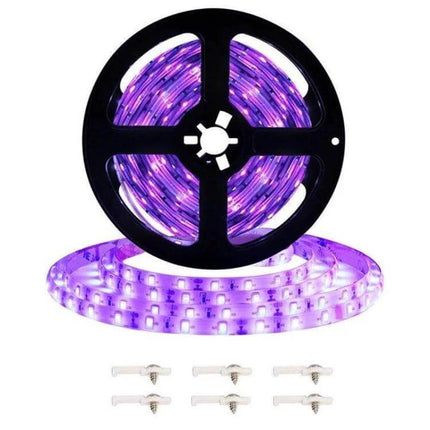 UV Purple LED Light Strip Waterproof For Home Decor rolled reel showing glowing waterproof purple LED strip with mounting clips