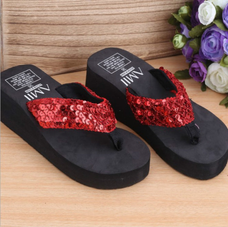 Chaussons à paillettes compensés avec tongs