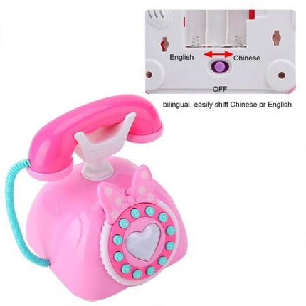 Educational Toy Telephone for Kids' Home Learning Playtime - pink bilingual pretend phone with rotary buttons and English/Chinese switch