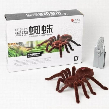 Remote Control Spider Toy for Kids' Indoor Fun - brown fuzzy RC spider with handheld controller and packaging displayed