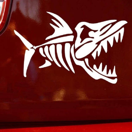 Cartoon Fish Bone Decal for Car and Motorcycle Bodies - white fishbone skeleton sticker on red vehicle door, PET material, easy removable decoration