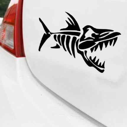 Cartoon Fish Bone Decal for Car and Motorcycle Bodies on white car trunk - black PET sticker decorative fish skeleton