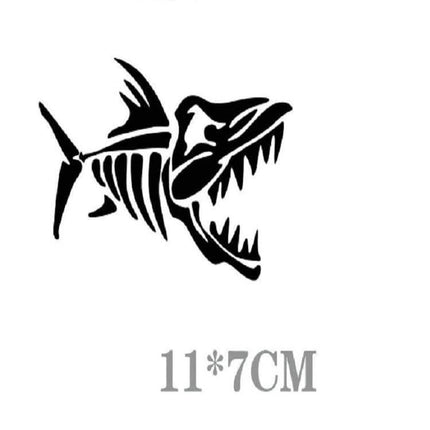 Cartoon Fish Bone Decal for Car and Motorcycle Bodies - black PET sticker showing stylized fish skeleton for doors hoods fenders 11x7cm