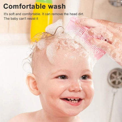 Soft Silicone Brush For Gentle Massage During Baby Bath Time — pink silicone brush lathers and gently cleans smiling baby’s scalp