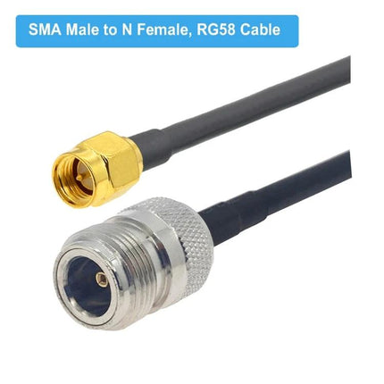 RG58 Coaxial Cable with SMA Male to N Female Connectors, black PVC cable showing gold SMA male and silver N female ends, 0.5–10m extension