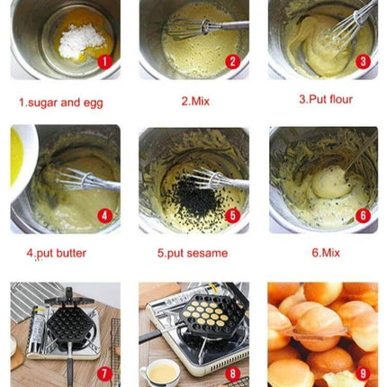 QQ Egg Baking Tray Nonstick Bakeware For Easy Oven Eggs showing step-by-step batter mixing, filling molds and finished mini egg cakes