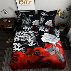 Luxury 3D Jacquard Woven Bed Linen Set with Pillowcase ABBlack leopard and rose US Queen Size