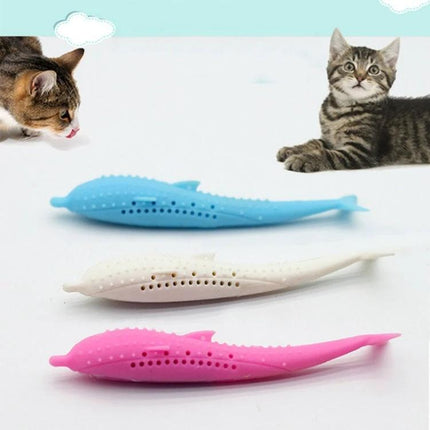 Catnip-Infused Silicone Dolphin Toy for Daily Cat Play at Home - vented silicone dolphin in blue white pink releasing catnip scent for active cats