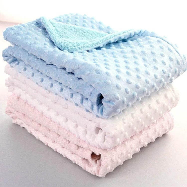Baby Double Layer Knitted Fleece Blanket For Cozy Snuggles stacked pastel blue white pink baby blankets with dot texture