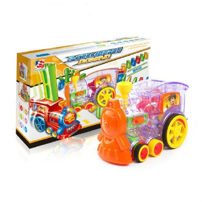 Fun Domino Game With Electric Car For Kids' Home Playtime - transparent electric car domino set with sound and lights, yellow wheels and colorful box