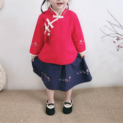 Embroidered Chinese Style Girls Tunic and Skirt Outfit Set