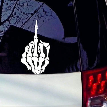 Set of 10 Reflective Car Stickers with Middle Finger and Bones Designs - white reflective skeleton middle finger decal on black vehicle rear window