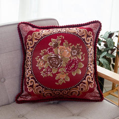 Vintage Floral Embroidered Sofa Pillow Cover Wine Red 58*58cm without Core