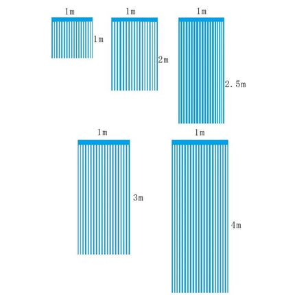 Laser Rain Tinsel Foil Curtain 1m X 3m Wall Decor For Celebrations diagram showing various 1m wide foil curtain heights and mounting strip