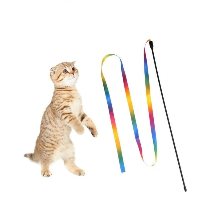 Colorful Cloth Strip Toy for Everyday Cat Interaction dangling rainbow ribbon wand with playful standing cat
