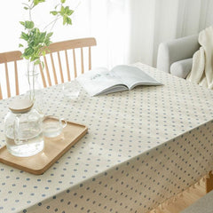 Daisy Pattern Lace-Edged Cotton Linen Tablecloth with Tassel Accents