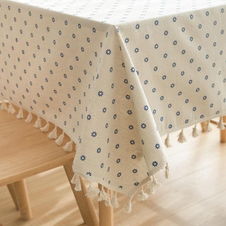 Daisy Pattern Lace-Edged Cotton Linen Tablecloth with Tassel Accents