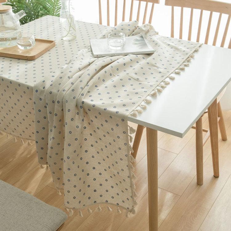 Daisy Pattern Lace-Edged Cotton Linen Tablecloth with Tassel Accents