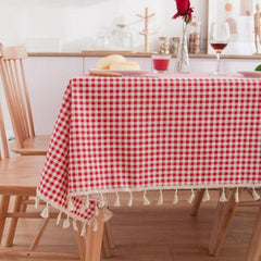 Daisy Pattern Lace-Edged Cotton Linen Tablecloth with Tassel Accents Red Plaid 60x60cm