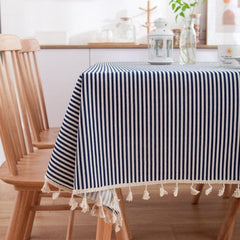 Daisy Pattern Lace-Edged Cotton Linen Tablecloth with Tassel Accents Navy Blue Stripes 60x60cm