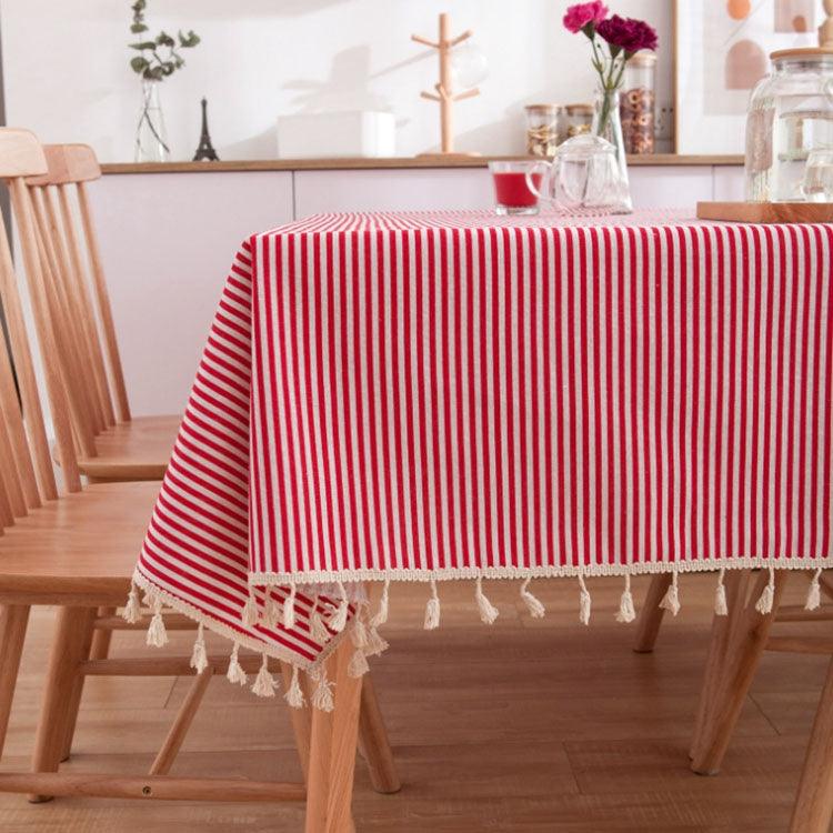 Daisy Pattern Lace-Edged Cotton Linen Tablecloth with Tassel Accents Red Stripes 60x60cm