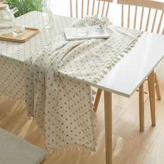 Daisy Pattern Lace-Edged Cotton Linen Tablecloth with Tassel Accents Little Blue Chrysanthemum 100x140cm