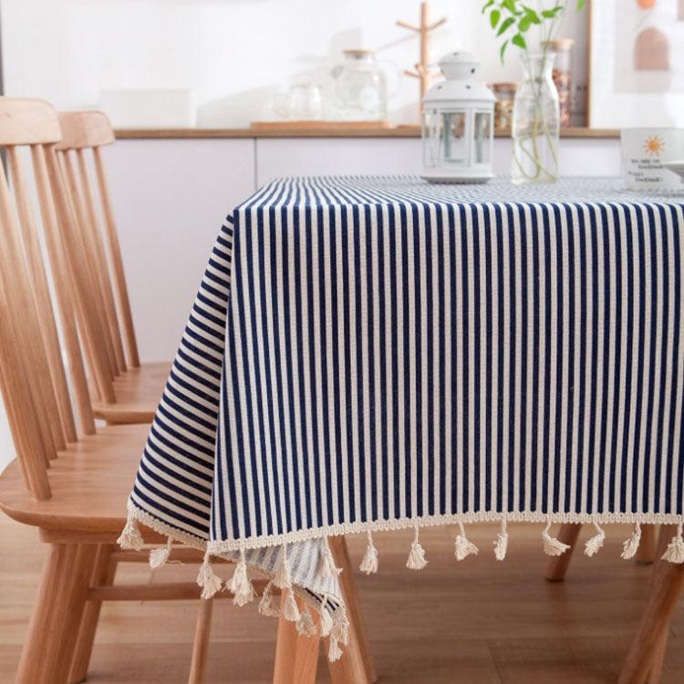 Daisy Pattern Lace-Edged Cotton Linen Tablecloth with Tassel Accents Navy Blue Stripes 140x250cm