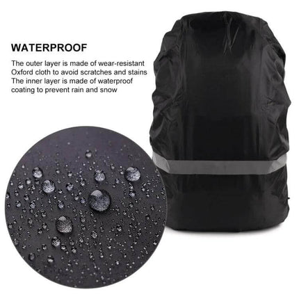Alt Tag: Waterproof Reflective Rain Cover for Outdoor Backpacks, Adjustable Sizes on black oxford cloth with reflective strip protecting backpack from rain