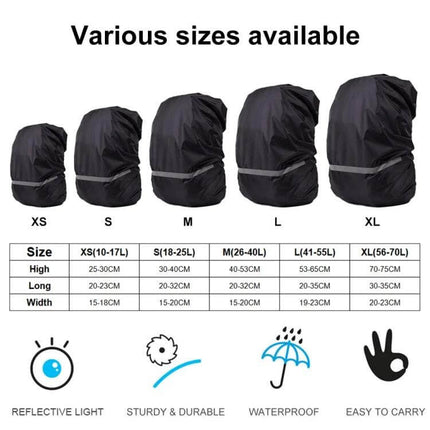 Waterproof Reflective Rain Cover for Outdoor Backpacks, Adjustable Sizes - Black Durable Oxford Cloth Cover Showing XS to XL Sizes