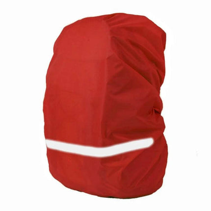 Waterproof Reflective Rain Cover for Outdoor Backpacks, Adjustable Sizes — Red oxford cloth cover with reflective strip protecting backpack from rain and wind