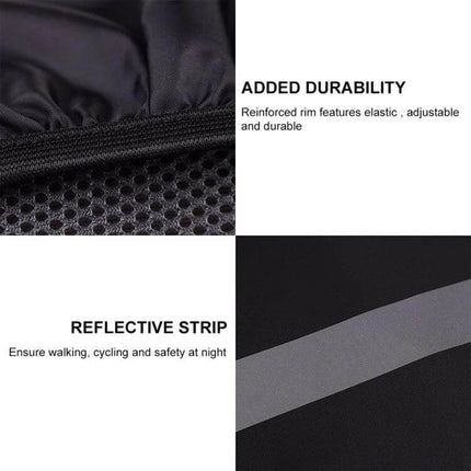 Reflective Waterproof Backpack Rain Cover for Hiking, XL Size - close-up of reinforced rim elastic and reflective strip on black Oxford cloth