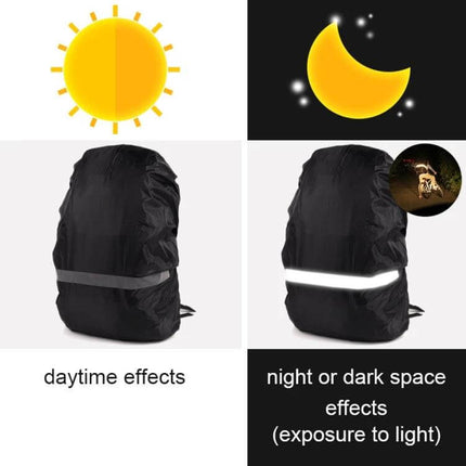 Reflective Waterproof Backpack Rain Cover for Hiking, XL Size shown daytime vs night reflective strip visibility on black cover
