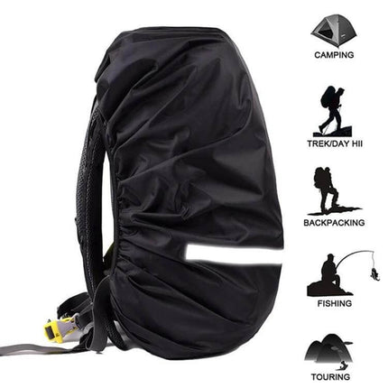 Reflective Waterproof Backpack Rain Cover for Hiking, XL Size shown on black backpack with reflective strip, waterproof Oxford cloth protection