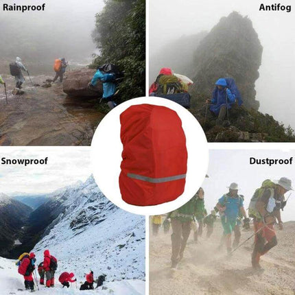 Reflective Waterproof Backpack Rain Cover for Hiking, XL Size shown in red with reflective stripe protecting backpacks from rain, snow, dust and fog