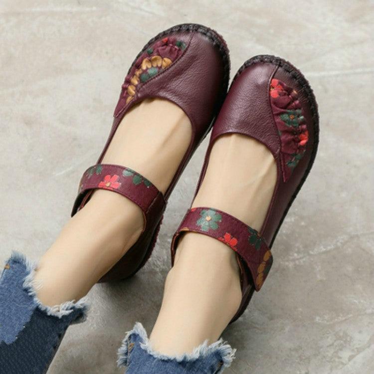 Vintage Floral Leather Flats with Soft Bottom and Round Toe