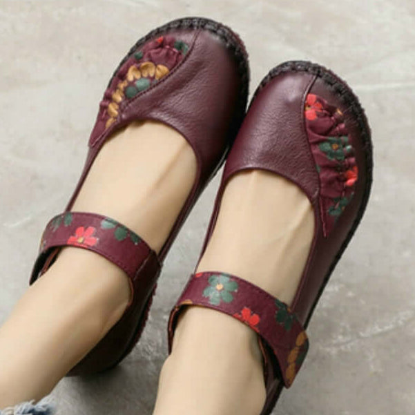 Flower Round Toe Soft Bottom Vintage Leather Flat Shoes, 40, 41, 42