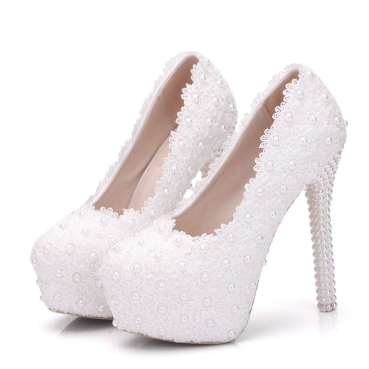 Pearl Lace Wedding Shoes Stiletto Women High Heels, 34, 35, 36, 37, 38, 39, 40, 41