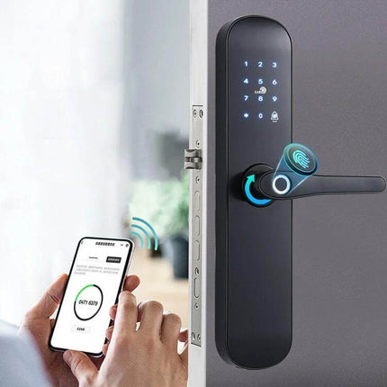 Electronic Fingerprint Door Lock for Hotel and Apartment Use - black smart lock with touchscreen, fingerprint reader and smartphone app control