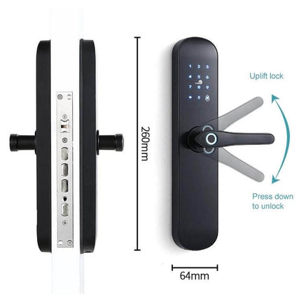Electronic Fingerprint Door Lock for Hotel and Apartment Use - sleek black S011M with touchscreen, fingerprint access, handle and 260mm length