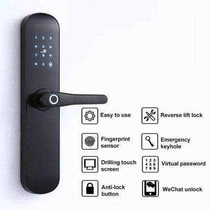 Electronic Fingerprint Door Lock for Hotel and Apartment Use - sleek black S011M with biometric sensor, touchscreen keypad and keyhole for hotels and apartments