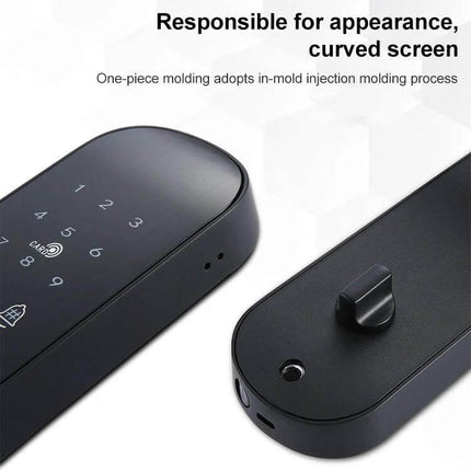Electronic Fingerprint Door Lock for Hotel and Apartment Use - sleek black curved touchscreen lock with keypad and thumbturn