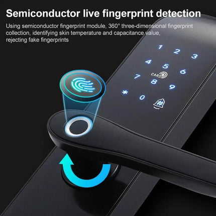 Electronic Fingerprint Door Lock for Hotel and Apartment Use showcasing semiconductor live fingerprint detection, touchscreen keypad and ergonomic handle