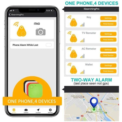 Smart Bluetooth Anti-Lost Device for Keys and Wallets paired to iSearching app showing four devices, two-way alarm and map location