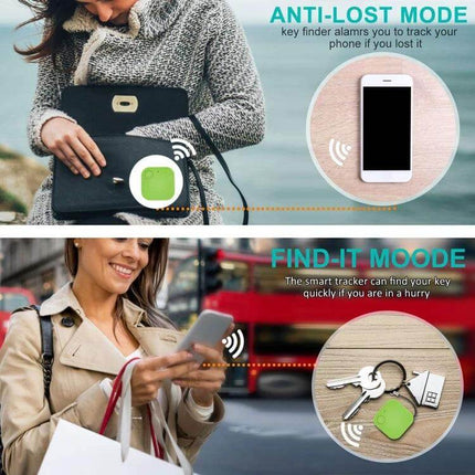 Smart Bluetooth Anti-Lost Device for Keys and Wallets attached to a purse and keyring showing anti-lost and find-it mode alerts