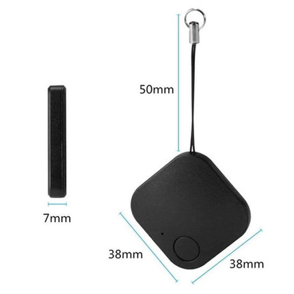 Smart Bluetooth Anti-Lost Device for Keys and Wallets slim black tracker with lanyard showing 38x38x7mm and 50mm strap